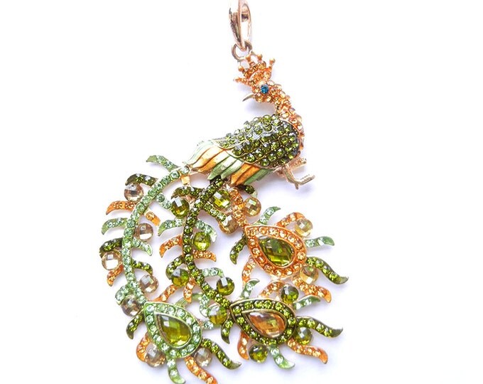 Peacock Pendant Peridot Green and Jonquil Rhinestone Encrusted Gold-tone