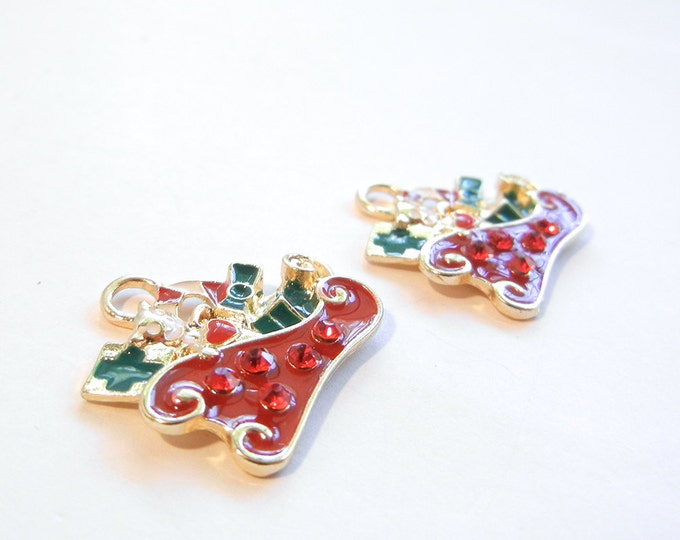 Set of 2 Christmas Santa's Sleigh Charms Rhinestones Green Red Epoxy