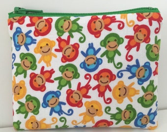 Little Monkeys Coin Purse - Fun Cotton Change Purse - Small Zipper Pouch - Green
