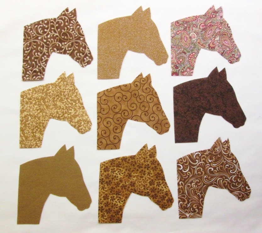 Set of 9 Brown Horse Head Iron-On Fabric Appliques for Quilts