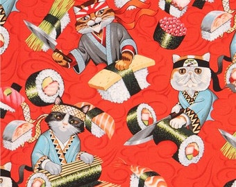 211245 red Alexander Henry fabric colorful cat sushi food Rockin Rolls
