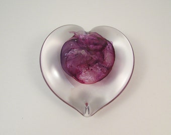Vintage Shawn E Messenger Hand Blown Glass Heart Shades of Purple Center Encased in Clear Glass