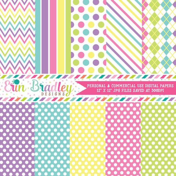 Digital Paper Pack Springtime Medley Polka Dots Stripes and Chevron Commercial Use & Instant Download Il_570xn