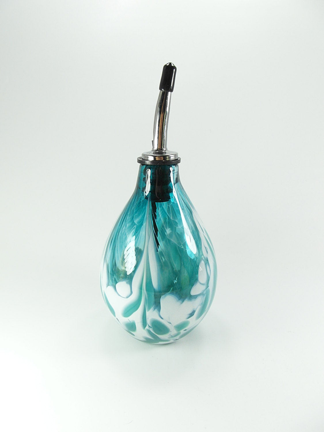 Hand Blown Glass Olive Oil Bottle In Teal Blue and White Gift