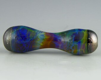 handmade lampwork glass bead an applecore- or peanut-shape done in colorful StrikingColor glass & dark iridescent - Eternal Sea