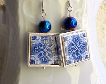Portugal Antique Azulejo Tile Replica 925 SILVER FRAMED Earrings from BARCELOS Blue (see actual Facade photos) 715 Silver