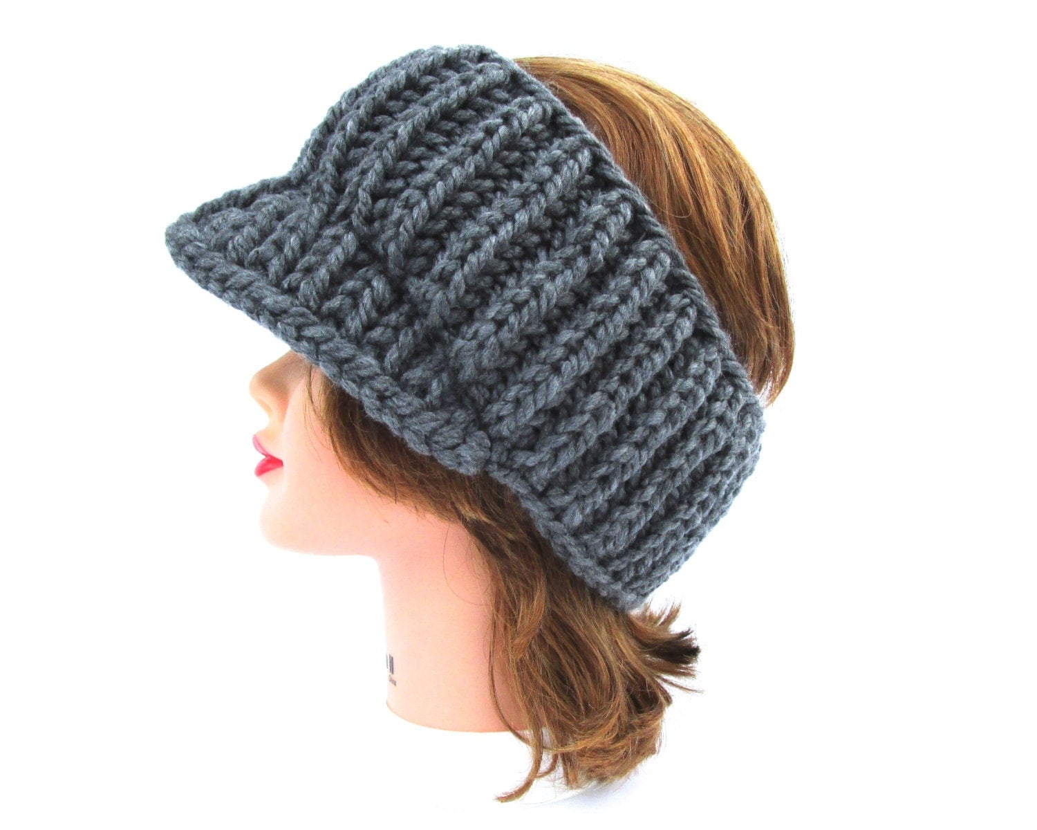 Knit Sun Visor Charcoal Grey Headband With Brim Chunky
