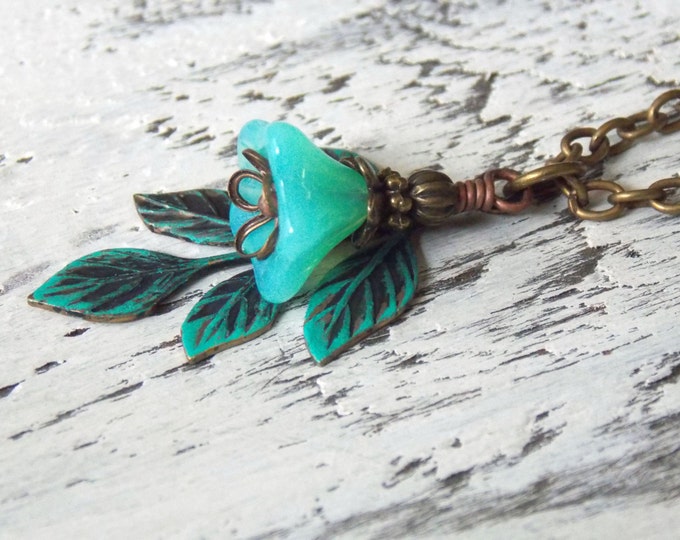 Leaf Necklace Dainty Czech Flower Turquoise Teal Blue Leaf Charm Branch Patina Boho Necklace Bohemian Jewelry Verdigris GIft Necklace