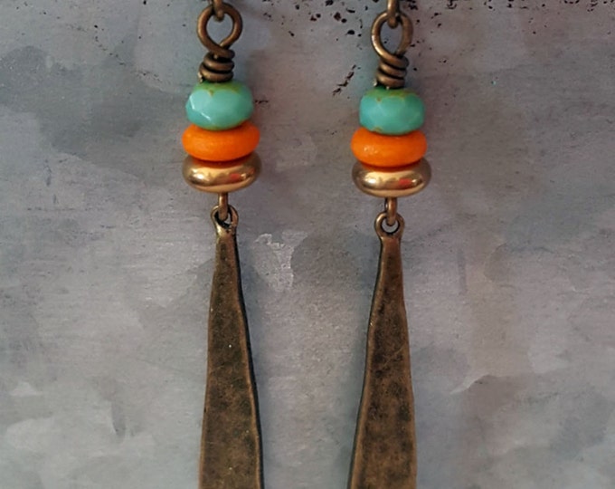 Boho Brass Drop Earrings Orange and Turquoise Bohemian Earrings Brass Jewelry Long Dangle Earrings