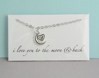 Silver crescent moon necklace / I love you to the moon and back / Heart with moon necklace