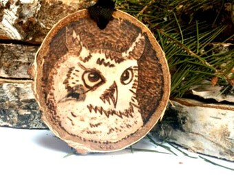 Wood Burned Owl Ornament, Birch Tree Slice Ornament, Rustic Wood Christmas Ornament, Custom Ornament
