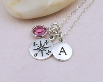 Silver Compass Necklace, birthstone, compass, initial charm necklace, sterling silver, travel gift, graduation, Enjoy the Journey
