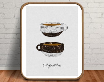 Tea Print, Wall Art Kitchen, Set of Prints, Tea Poster, Tea Cup, But First Tea, But First Tea Sign, Food Quotes, Set of 6 Prints, Drawing