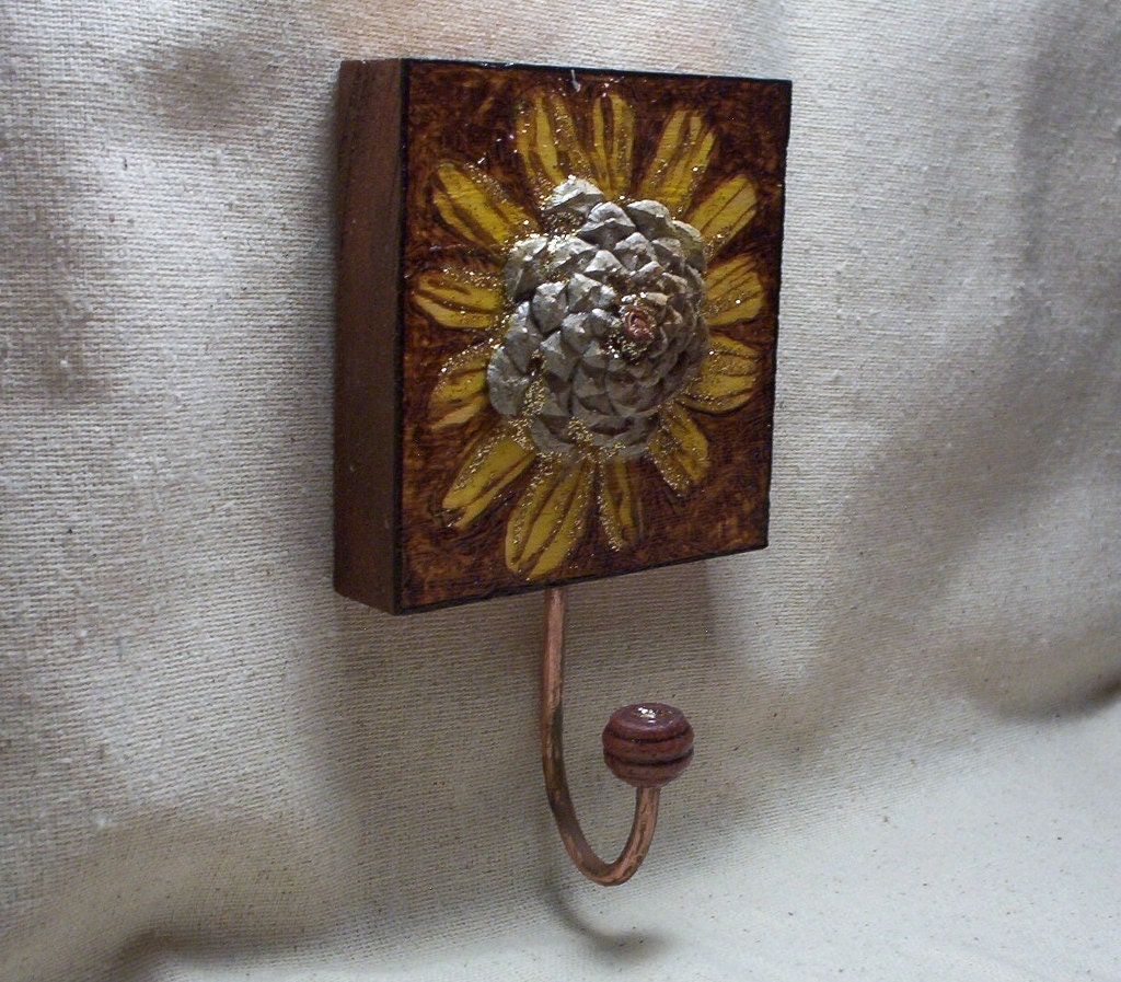 wall hook wreath hook 3 D sunflower with pine cone accented