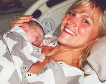 Gray Chevron Maternity Hospital Delivery Gown -Super Soft -Perfect Snaps for Breastfeeding, Skin to Skin, and Epidural