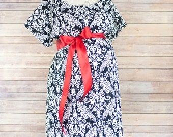 Black Damask Maternity Hospital Delivery Gown -Super Soft -Perfect Snaps for Breastfeeding, Skin to Skin, and Epidural