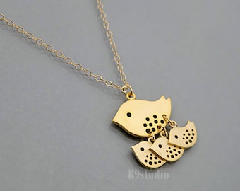 Mother bird necklace, Mama bird necklace family jewelry gift, small bird 1 2 3 baby birds charm, gold filled chain, love necklace for mom