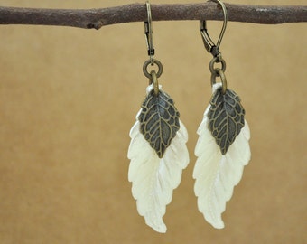 antiqued brass vintage earrings, feather earrings, IVORY, vintage lucite pearly white leaf charm with brass leaf charm earrings