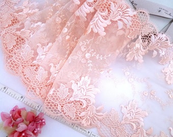 Lace trim, Embroidered tulle lace, Embroidered net trim, Bridal lace, Doll lace, Lingerie fabric, Peach floral lace, 2 yards OR024