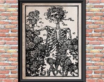 Grateful Dead Art Print Skeleton Roses Wall Decor Antique Vintage Rock and Roll Home Office Decor Printable Digital Download