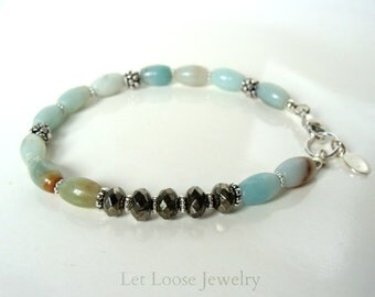 Amazonite pyrite bracelet, genuine gemstones sterling silver, asymmetrical, pale blue stones, stack, Let Loose Jewelry, under 75