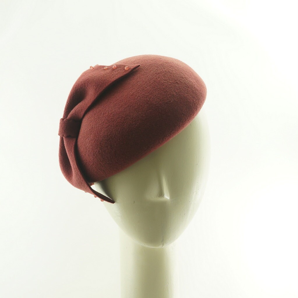 Brick Red PILLBOX HAT for Women / Vintage Style Fur Felt Hat