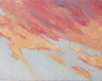 Pink Sunset. Cloud painting. Original oil painting on canvas board by Yvonne Wagner. Framed 5 x 7 (13 x 18 cm). Ciel. Les Nuages. Sale.