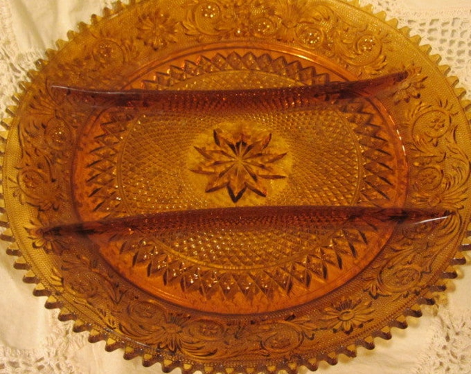 Amber Tiara Indiana Glass Divided Serving Dish-Amber Glass Dish- Divided Serving dish- Veggie Dish- Glass Platter- Amber Glass Divided Dish