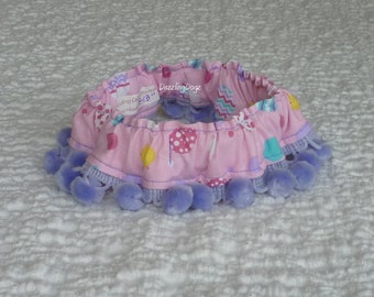 Easter Eggs on Pink Dog Scrunchie Collar with pom poms - Size S: 12" to 14" neck