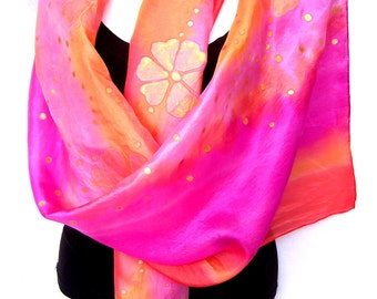 Handpainted Silk Scarf, Pink Orange Gold, Floral, Hand Painted Silk Scarf, Gift Under 50