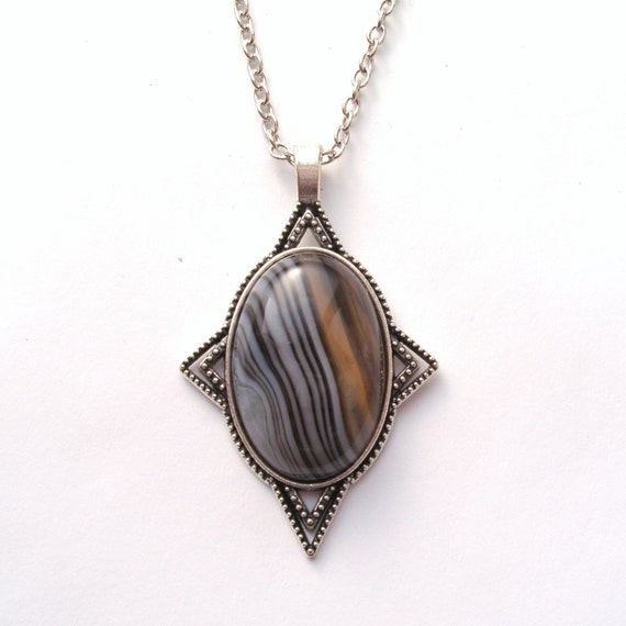 Black And White Banded Agate Necklace Antique Silver Black