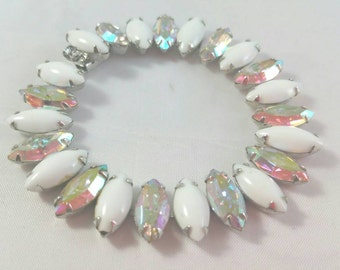 Magnificent Milk Glass & Clear Rhinestone Bracelet Unsigned