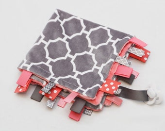 Baby Ribbon Tag Blanket - Minky Binky Blankie - Grey Geometric with Coral