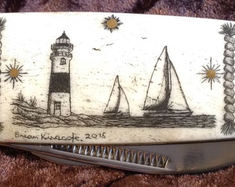 Bone Knife-Rough Rider Sunfish-Original Scrimshaw-Sankaty Light