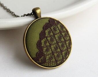 Moss Necklace, Rustic Jewelry, Woodland Brown Green Lace Jewelry, Unique Gift for Nature Lover, Gardener, Olive Green Necklace Nature Forest