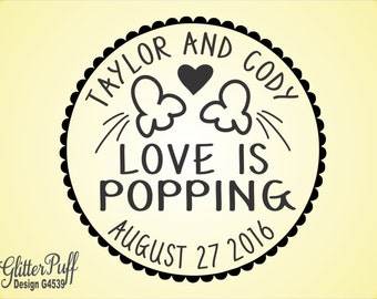 LOVE is POPPING - Wedding Rubber Stamp for Popcorn treat bags or sacks - Popcorn Wedding Stamp (G4539) Custom Round Stamp