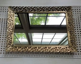 Vintage Vanity Tray Mirror Gold Metal Embossed Flowers & Fleur de Lis, Hollywood Regency Paris Apartment