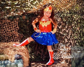 Toddler-Girls Wonder Woman 5 Piece Dress Costume OOC Pageant, Sparkle Top, Satin Skirt, Gold Headpiece & Cuffs, Bloomer, Size 12 mo thru 8