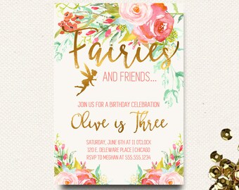 Fairy Invitation Floral Boho Chic Gold Girls Roses Flower Invite