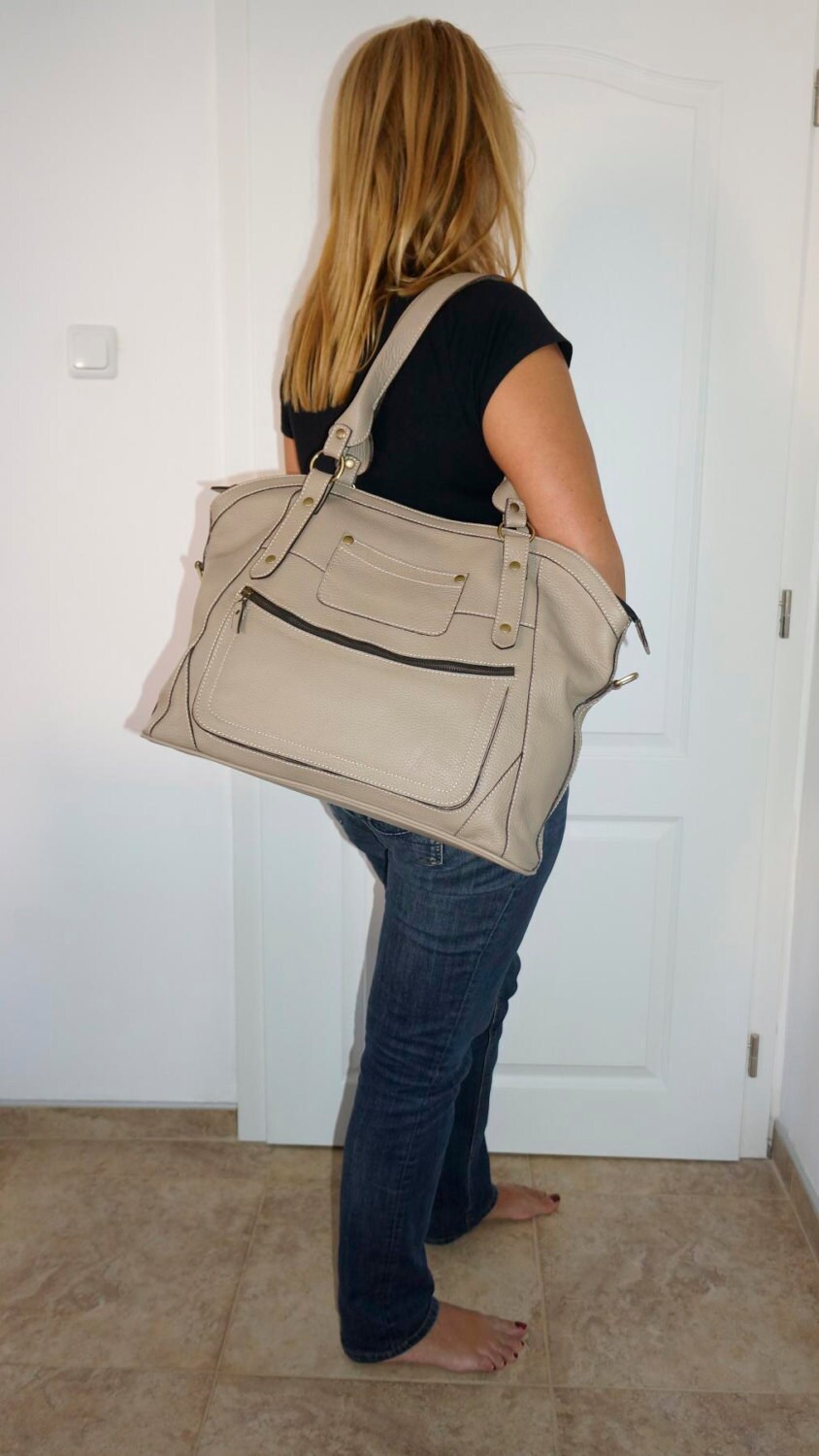 Taupe Leather Tote Bag // Crossbody Travel Weekender Bag Bag