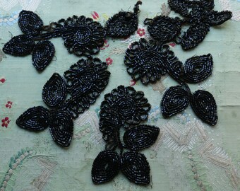 Antique lot glass bead trim lot glass victorian jet black silk soutache gothic millinery hat cloche flapper doll dress trim