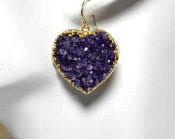 LP 1305 Heart Shaped Natural Amethyst Drusy Earrings