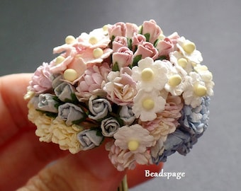 Dollhouse Miniature Flowers - Sweet Pastel Pink Blue Cream White Bouquet Shabby chic, DIY craft Scrapbooking