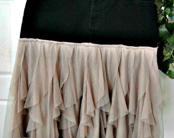 Petite Gamine black jean skirt mauve tulle frou frou French bohemian goddess mauve ruffled Renaissacne Denim Couture Made to Order