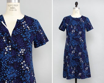 60s Shift Dress S • Holo-Holo Hawaiian Dress • Navy Blue Floral Dress • 60s Mod Dress with Pocket • Shift Dress • Cotton Summer Dress | D644
