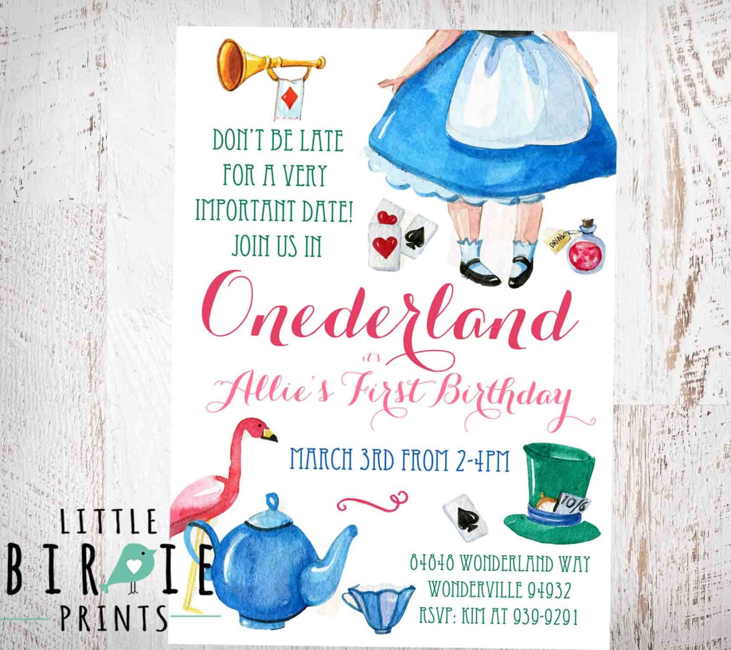 ALICE IN ONEDERLAND Birthday Invitation by littlebirdieprints