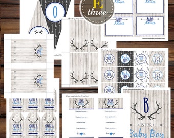 Rustic Deer Antler Baby Boy's Shower Pack - Navy, Light Blue, Gray - Party Pack - Cupcake Toppers, Food Labels, Baby Wishes - #1002