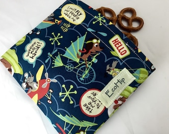 Reusable Snack Bag - Reusable Baggie - Animal Snack Bag - Fabric Snack Bag - Reusable Fabric Snack Bag - Little Flyers in Blue