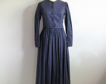 Country Chic Laura Ashley Dress 1980s Dark Purple Paisley Cotton-Wool 80s Designer Dress 8