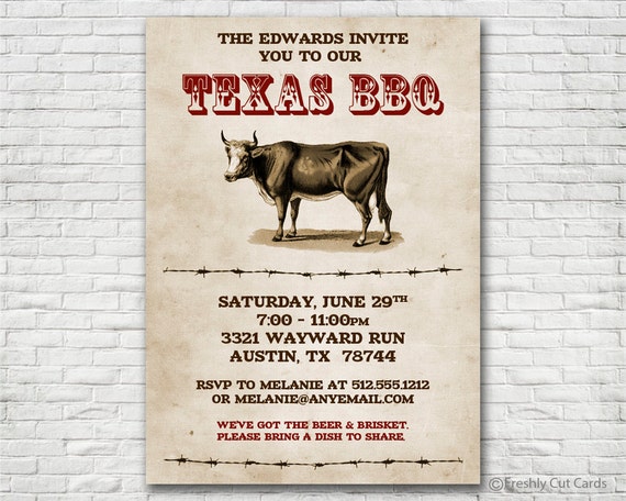 Vintage Texas BBQ Invitation - Printable or Printed (w/ FREE Envelopes) Il_570xn